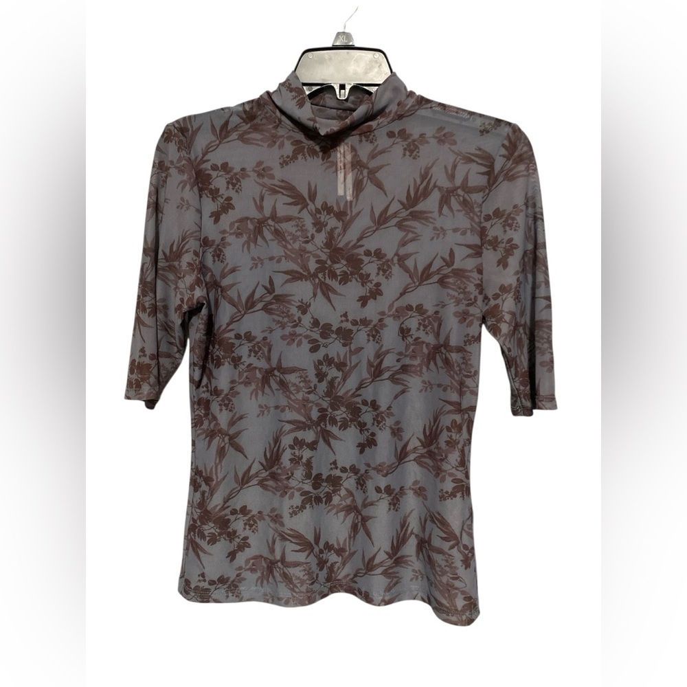 Anthropologie Floral Print Small Turtleneck Mesh Short Sleeve Lightweight Top